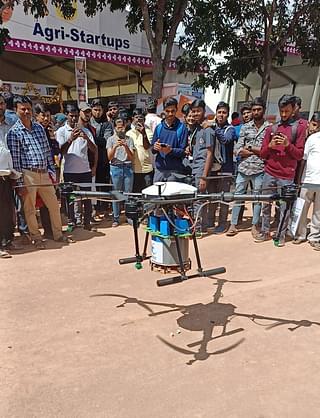 The Beagle agritech drone was a big draw outside the start-up pavilion at the Bengaluru Krishi Mela. Photo credit: Anand Parthasarathy.