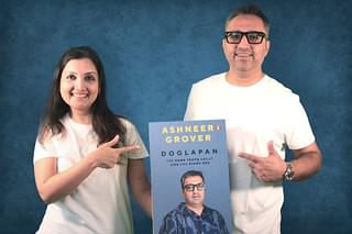 Ashneer Grover (R) with his book and wife Madhuri Jain Grover (L)