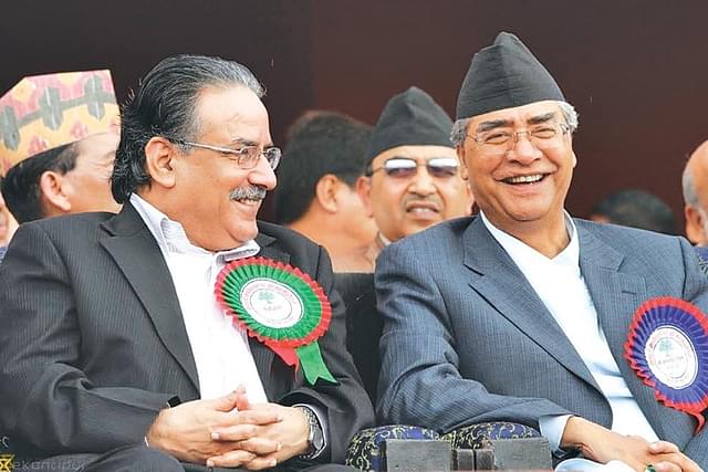 CPN-MC's Pushpa Kamal Dahal and Nepali Congress leader and former PM Sher Bahadur Deuba. 