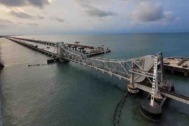 Old pamban railway bridge and the under construction new bridge beside it (Indian Railways)