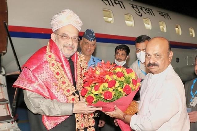 Union Home Minister Amit Shah is welcomed in Bengaluru by Chief Minister Basavraj Bommai.