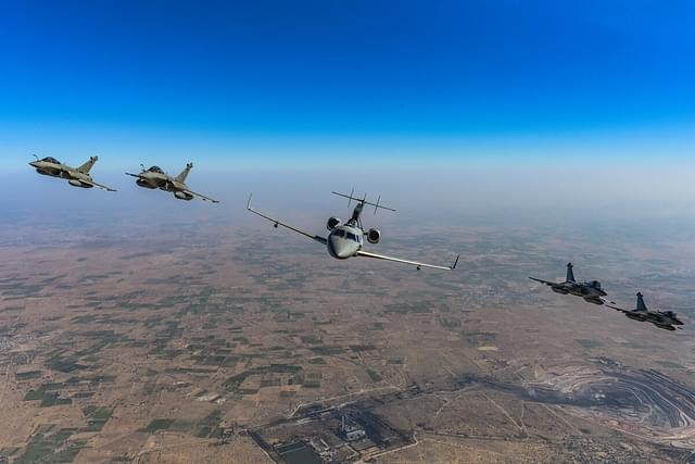Netra Formation comprising a AEW&C - Netra in the center flanked by four Rafale multi role fighters. (Indian Air Force/Twitter)