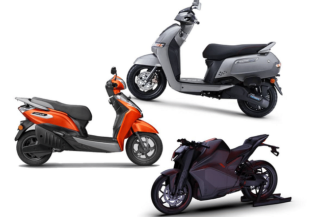 Three of the electric two-wheelers exhibiting at AutoShow 2023; top to bottom: TVS iCub, Ampere Primus, and Ultraviolette F77… but what you pay will depend on where you reside.