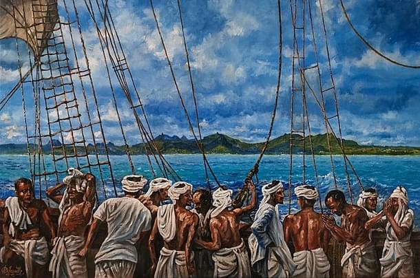 Artistic interpretation of the first indentured Indian labourers arriving in Mauritius.
(Wikimedia Commons)