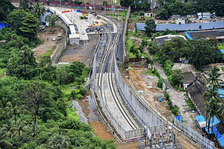 Aerial view of the Metro 3 car shed project at Aarey Colony.