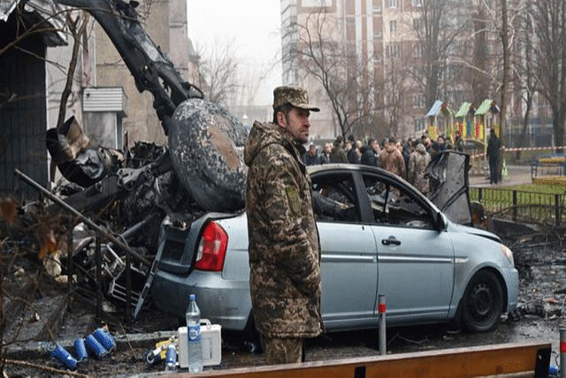 The helicopter carrying the Ukrainian Minister and others, crashed into a kindergarten in Brovary, a suburb of Kyiv. (Twitter)