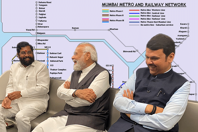 Maharashtra CM Eknath Shinde (L); PM Narendra Modi; and Maharashtra Deputy CM Devendra Fadnavis (R)