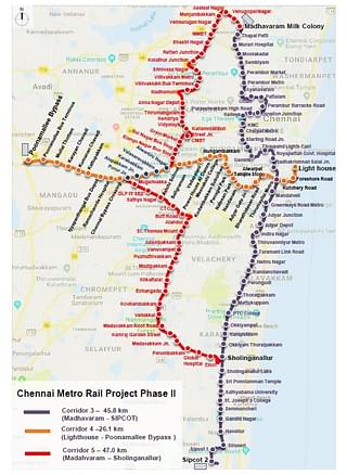 Map of Chennai Metro Rail Project Phase - II (CMRL).