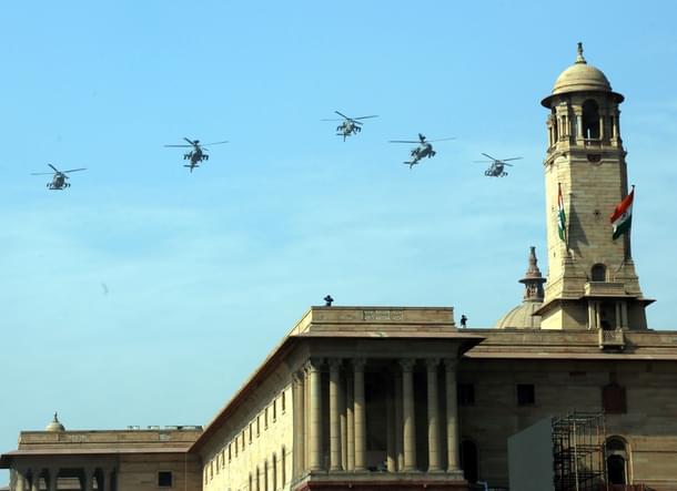 A five helicopter formation led by a Light Combat Helicopter.