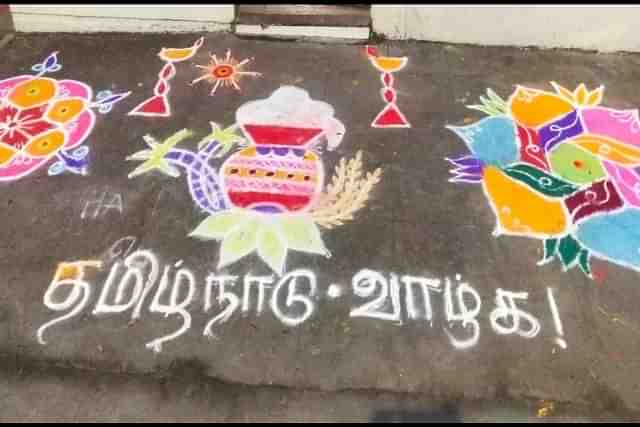 'Tamil Nadu Vaazhga' kolam at DMK Minister Durai Murugan's home in Chennai