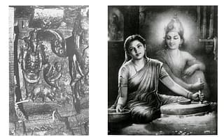 Left - Siva as Mother feeding piglets.
Right - Sri Krishna assumes the form of Sakku bai and does house chores.