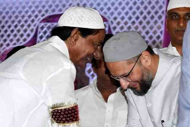 Telangana Chief Minister and BRS chief KCR, and AIMIM chief Asaduddin Owaisi (R).