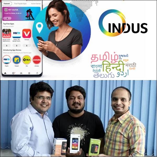 The IndusOS  App Bazaar (top)  and its  founders  (from left) Rakesh Deshmukh, Akash Dongre and Sudhir B.