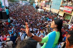 YS Sharmila addressing a meeting in Mahabubabad on Saturday (@realyssharmila/Twitter)