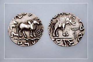 Coins of Adumbaras circa 1st century BCE. with Saivaite symbols (Trishul and Nandi) and lehand 'Bhagavata mahadevasa rajarana', 
