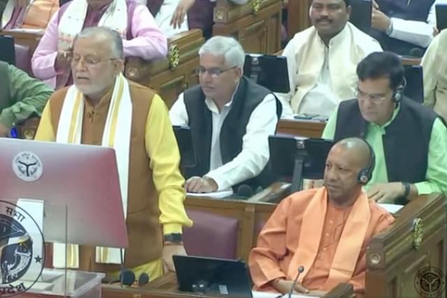 UP Finance Minister Suresh Khanna presenting the Budget as Chief Minister Yogi Adityanath looks on