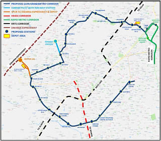the rough alignment of the proposed Gururgam metro corridor (In Dark Blue)