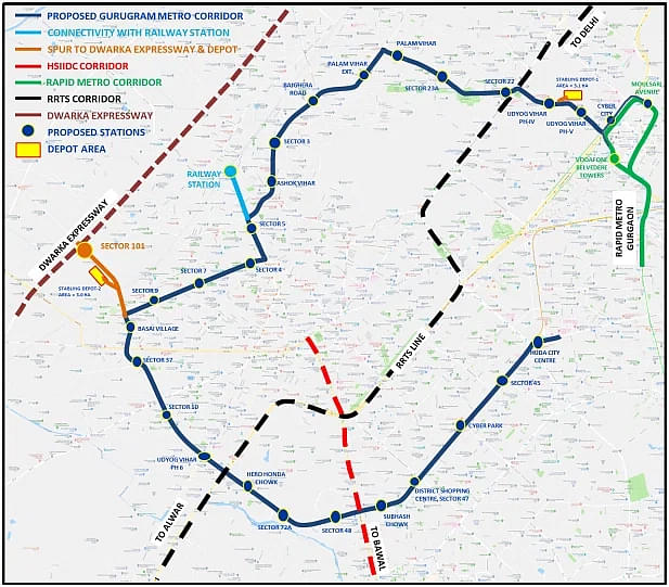 the rough alignment of the proposed Gururgam metro corridor (In Dark Blue)