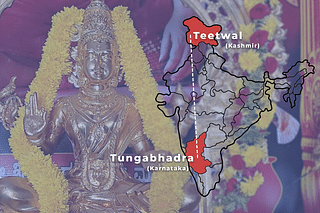 The panchaloha vigraha of Devi Sharada and the positions of Tungabhadra and Teetwal on India's map.