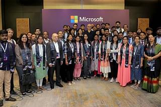 Microsoft CEO Satya Nadella with young Champions of Code at   the company's tech summit in Bengaluru in January 2023.
