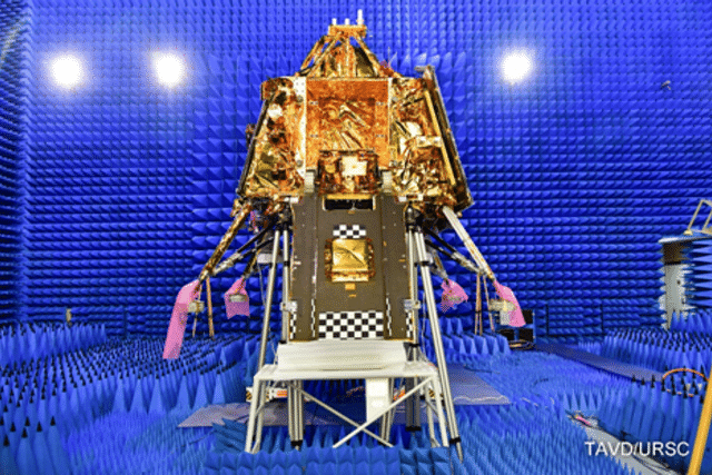 The Chandrayaan-3 lander inside the anechoic chamber with various configurations for different tests.(Photo: ISRO).