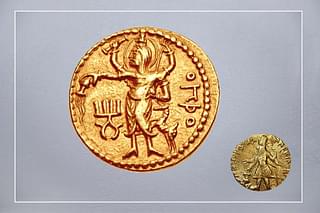 Oesho on the gold coin issued by Kanishka-I (78 CE-144 CE) - shown in the coin below.