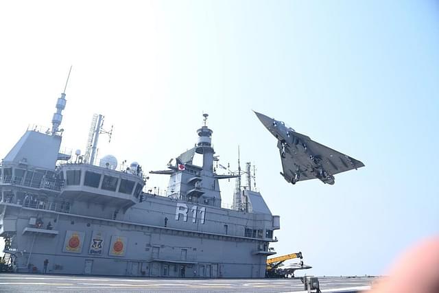 LCA Navy flying over INS Vikrant.  
