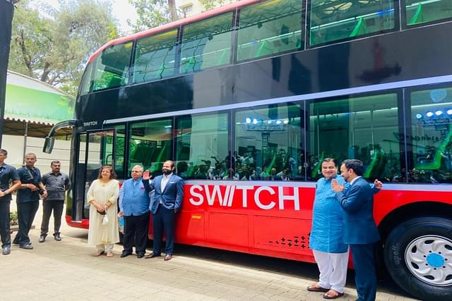 Nitin Gadkari launching Ashok Leyland's electric double decker bus in Mumbai.