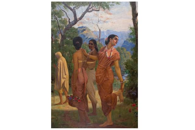 Raja Ravi Varma's Shakuntala pretending to remove a thorn from her feet while looking for Dushyanta