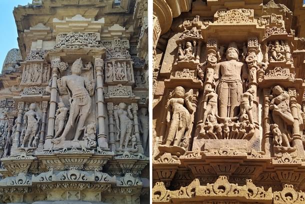 Varuna with his endless knot and Surya on his seven horses drawn chariot.