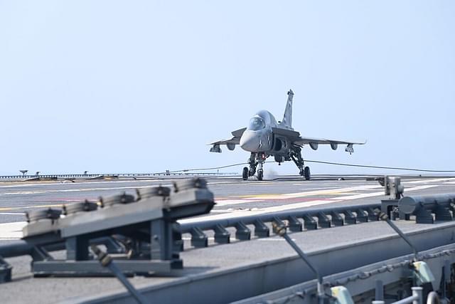 Navy LCA makes its maiden landing on the deck of INS Vikrant. 