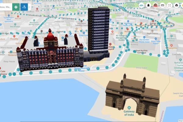 The Mappls tool from MapMyIndia offers maps with 3-D views – shown here, the Gateway of India and Taj Mahal Hotel in Mumbai.