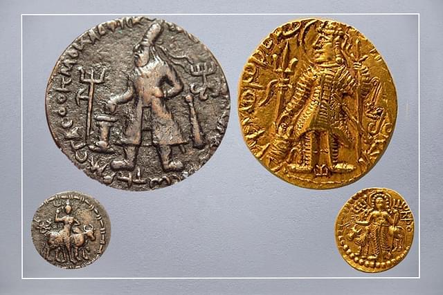 Left: Coin of 
Vima Kadphises father of Kanishka Right: Coin of Kanishka : Both show the rulers offering into fire pit with Trishul 