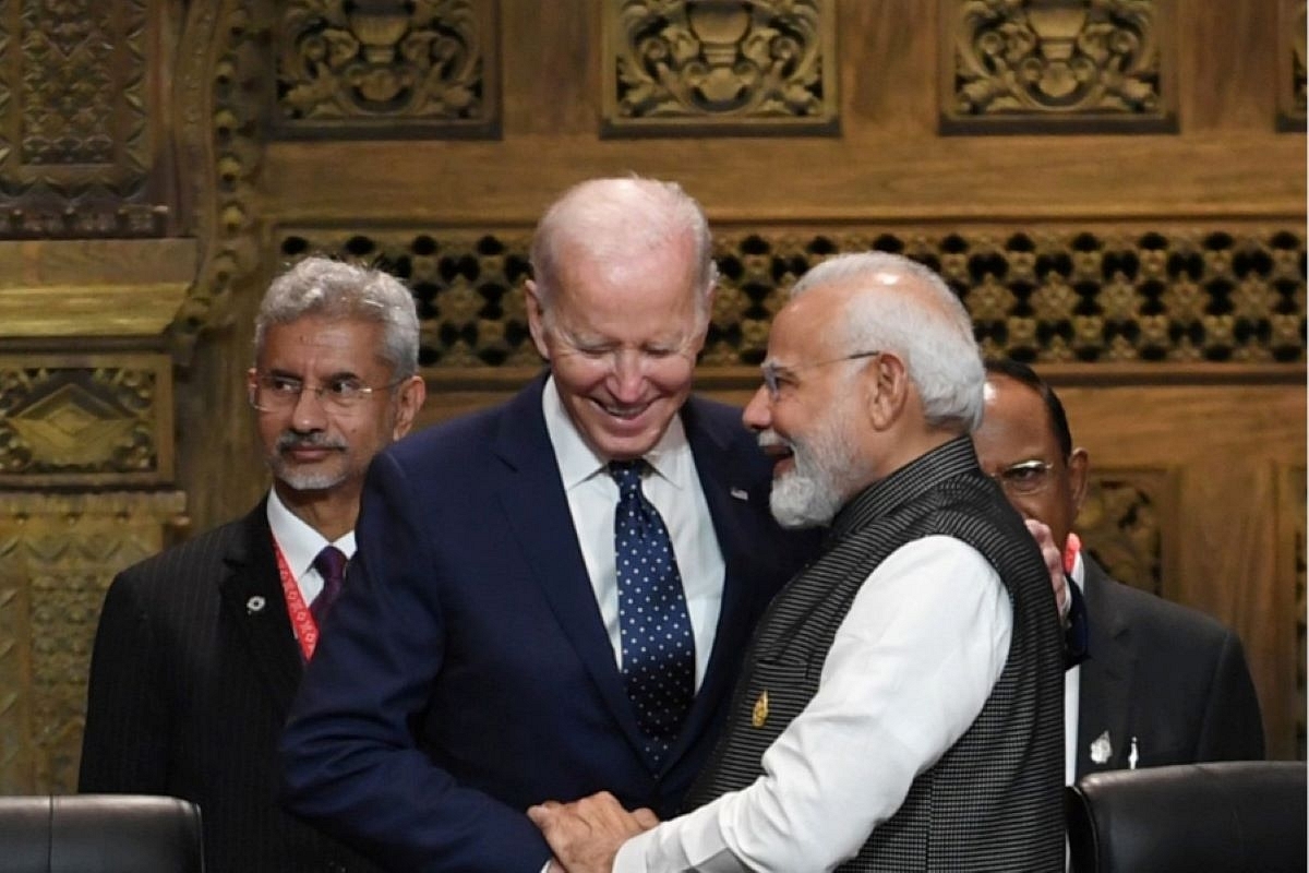 Prime Minister Narendra Modi and US President Joe Biden, with Foreign Minister S Jaishankar and NSA Ajit Doval in the background. (Image Credit: PMO)