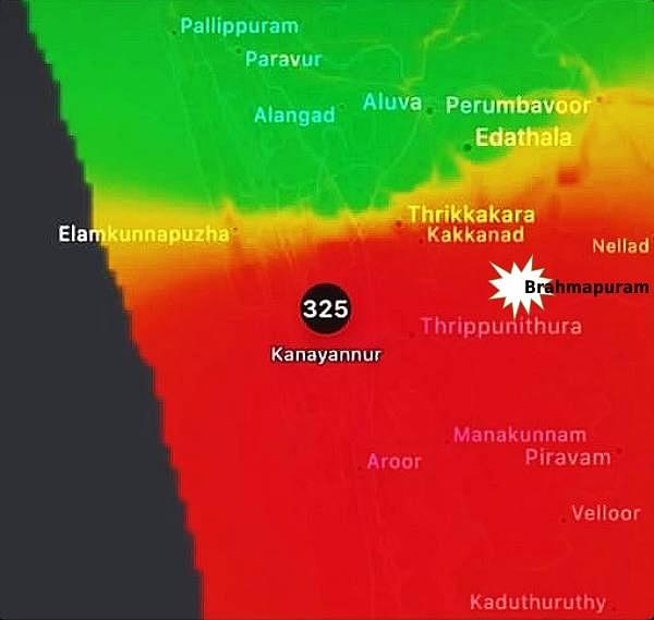 An air quality index map 2 days after the fire at Brahmapuram. The red area spread across 2 districts indicates 'Very Poor'