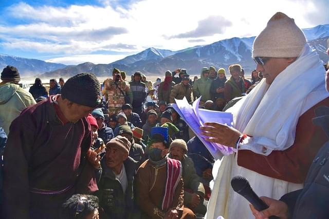 Union Minister Bhupender Yadav at a village in Ladakh (Pic Via Twitter)