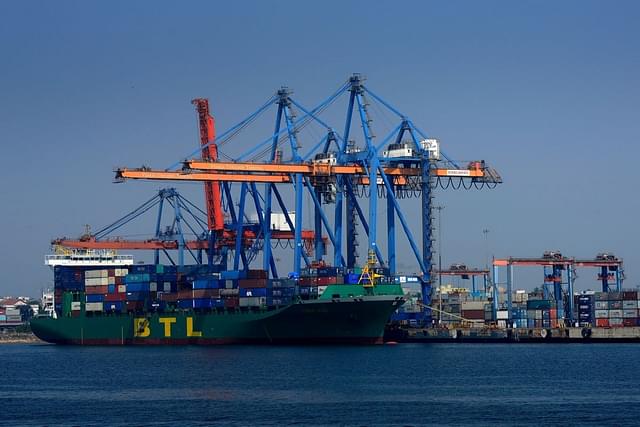Cargo ship anchored at Visakhapatnam Seaport. (Abhijit Bhatlekar/Mint via Getty Images). 