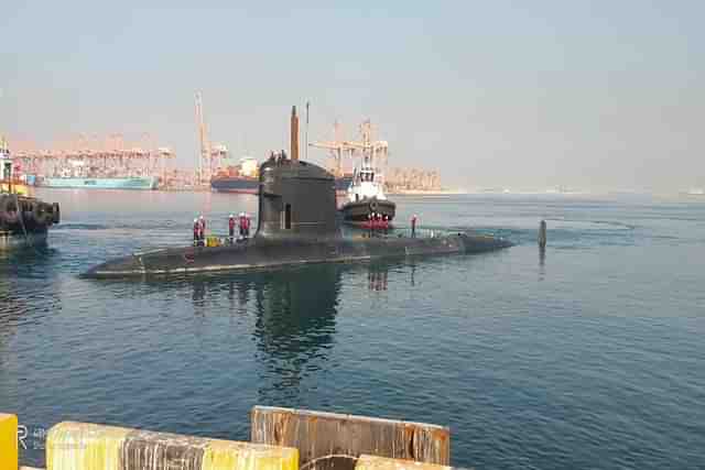 INS Vela Docking At Port Salalah, Oman. (Image via @rajatpTOI).