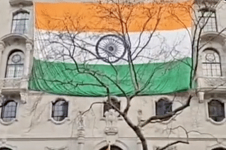 A large flag was put on the facade of Indian High Commission in London by officials after Khalistani goons' attack (Pic Via Twitter)