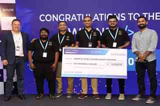 The winning team, ‘Fanisko’, at the NextIn cricket hackathon flanked by ICC Head of Digital, Finn Bradshaw (left) and hackathon ambassador, Dinesh Karthik.