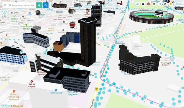The Mappls tool from MapMyIndia offers maps with 3-D views – shown here, Bengaluru’s central district with the Chinnaswamy Stadium in top right.
