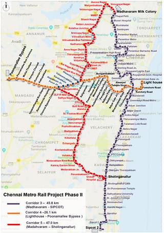 Map of Chennai Metro Rail Project Phase - II (CMRL)