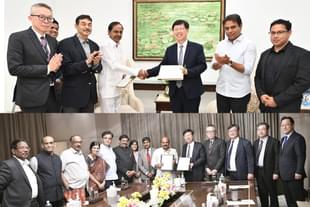 Foxconn CEO Young Liu exchanging MOUs with Telangana Chief Minister K. Chandrasekhar Rao (top) and with Karnataka CM Basavaraj Bommai on consecutive days.
