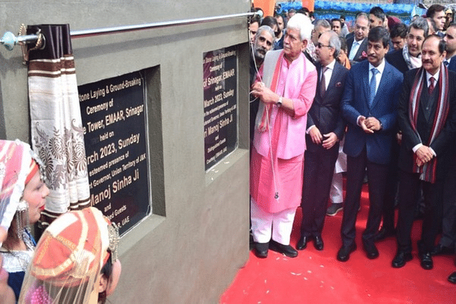 Jammu and Kashmir has recorded its first FDI as a UAE-based Emaar, has come up with a mall in the outskirts of Srinagar. J&K LG Manoj Sinha at the ceremony.(Twitter).