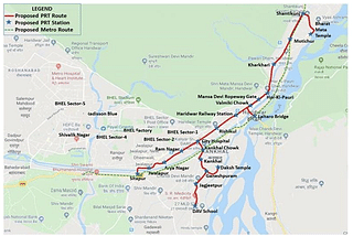 Map showing the Proposed PRT Corridors in Haridwar city.