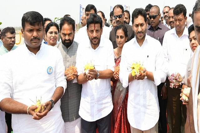 CM Jagan Mohan Reddy laying foundation stone of the Greenfield Mulapeta Port. (Twitter).