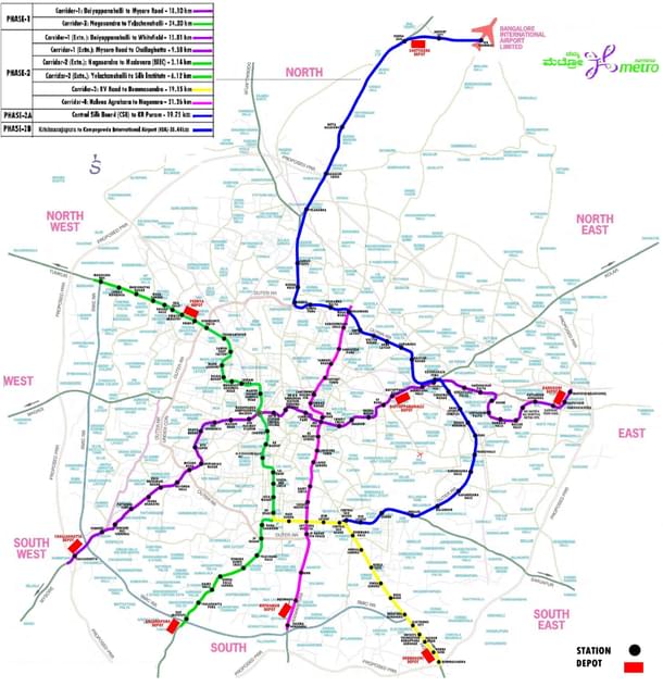 Bengaluru Phase - 1, 2, 2A and 2B map (BMRCL)