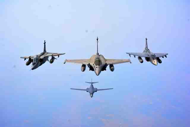 IAF's Tejas, Rafales, Jaguars and USAF's B-1B Bombers flying in formation after completion of Aero India 2023 exercises (Image via @rajatpTOI)