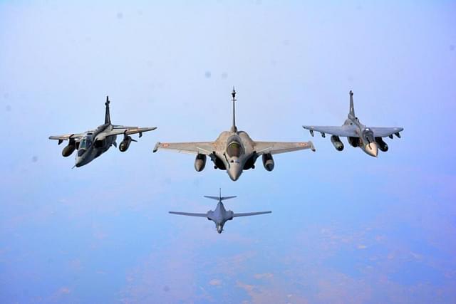 IAF's Tejas, Rafales, Jaguars and USAF's B-1B Bombers flying in formation after completion of Aero India 2023 exercises (Image via @rajatpTOI)