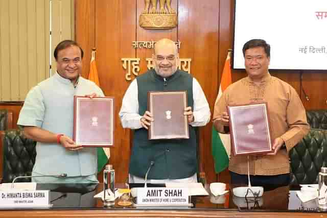 Union Home Minister Amit Shah with Assam Chief Minister Himanta Biswa Sarma and Arunachal Pradesh Chief Minister Pema Khandu.